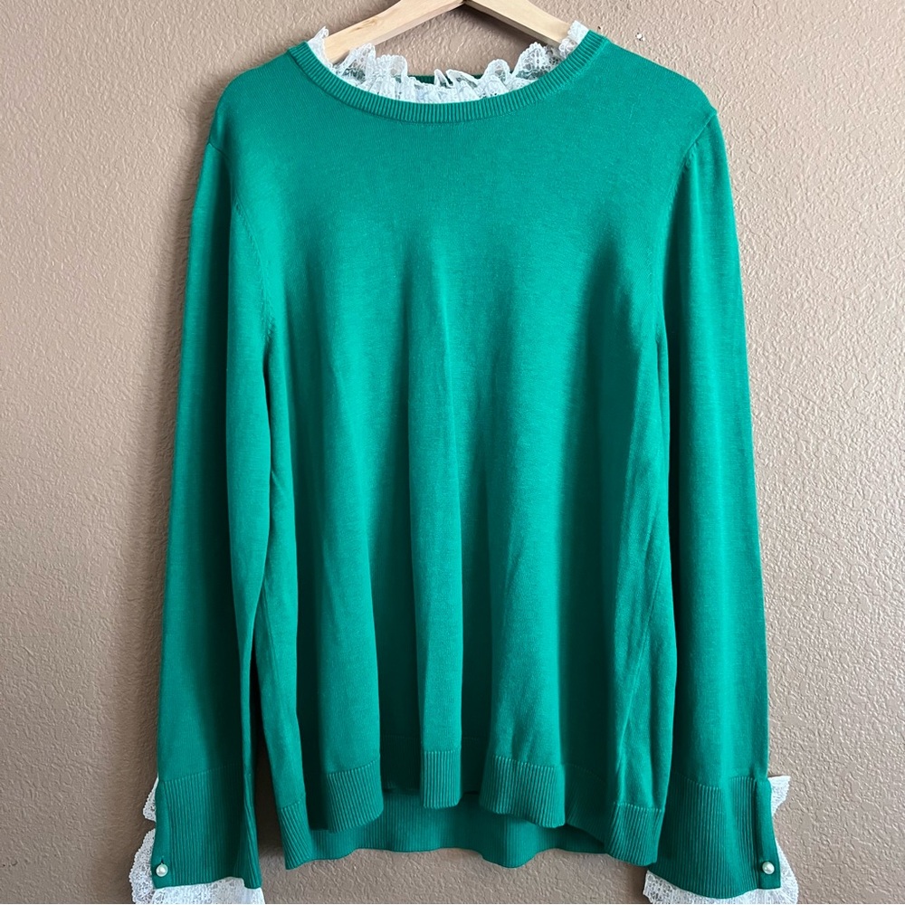 CeCe Kelly Green Sweater with Lace Trim Long Sleeve Size XL NWT